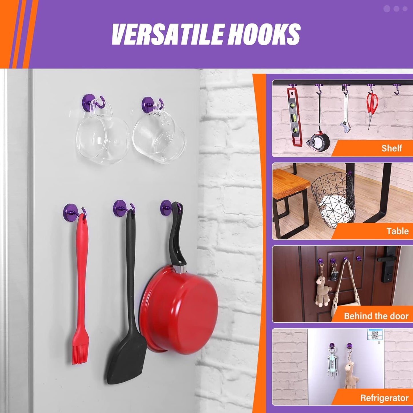 Neosmuk Magnetic Hooks Heavy Duty, Strong Magnet with Hook for Fridge, Super Neodymium Extra Strength Industrial Hooks for Hanging, Magnetic Hanger for Toolbox, Cruise, Grill(Purple,4 Pack)