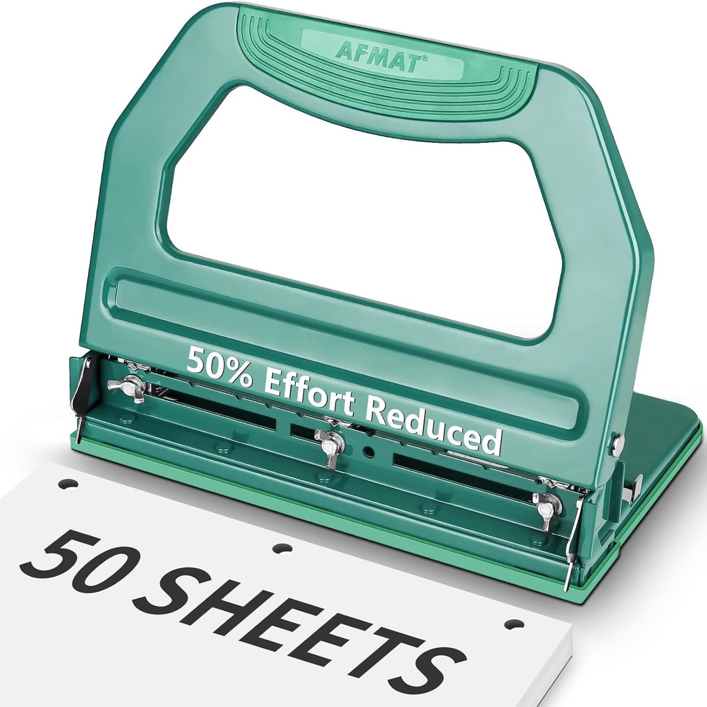 AFMAT Heavy Duty 3 Hole Punch, 50-Sheet, 50% Reduced Effort, Adjustable Two & Three Hole Punch, Metal Paper Puncher w/Large Chip Tray, Metal Paper Guide, Green
