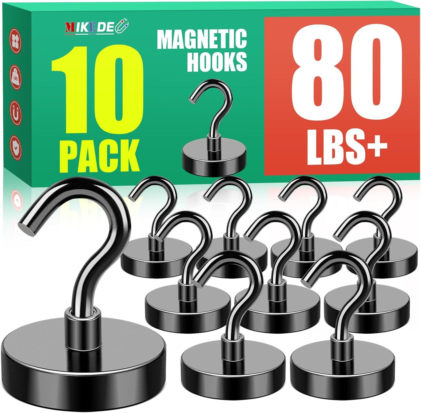 MIKEDE Black Magnetic Hooks, 80Lbs Heavy Duty Earth Magnets with Hooks for Cruise Cabin, Strong Magnet Hooks for Hanging, Super Metal Magnetic Hanger for Grill, Fridge, Kitchen - Pack of 10