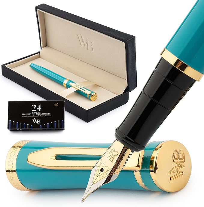 Wordsworth & Black Fountain Pen Set, 18K Gilded Medium Nib, Includes 24 Pack Ink Cartridges, Ink Refill Converter & Gift Box, Gold Finish, Calligraphy, [Turquoise Gold], Perfect for Men & Women