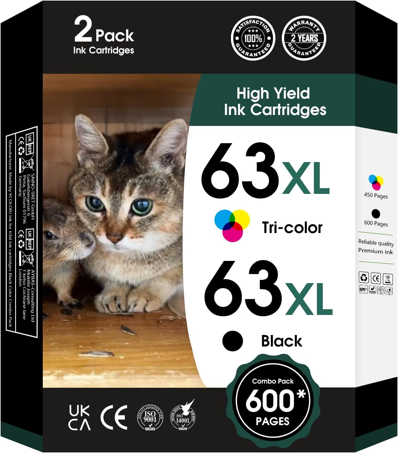 63XL Ink Cartridges Black and Color Replacement for HP Ink 63 XL 63xl Black Ink Cartridge Work with HP63 3830 4650 4652 4655 5200 5252 5255 5258 4520 4512 1112 2132 3630 3632 Printers 2PK