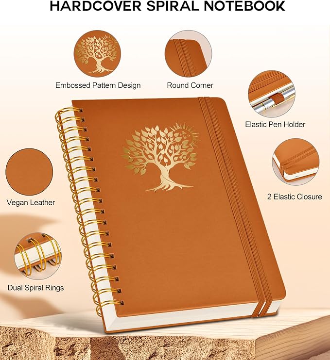 Spiral Notebook Journal for Women Men, 300 Numbered Lined Pages, College Ruled, A5 Hardcover Spiral Bound Notebook for School, Work, Note Taking Writing, Leather Spiral Journal Medium 5.9"x8.5"