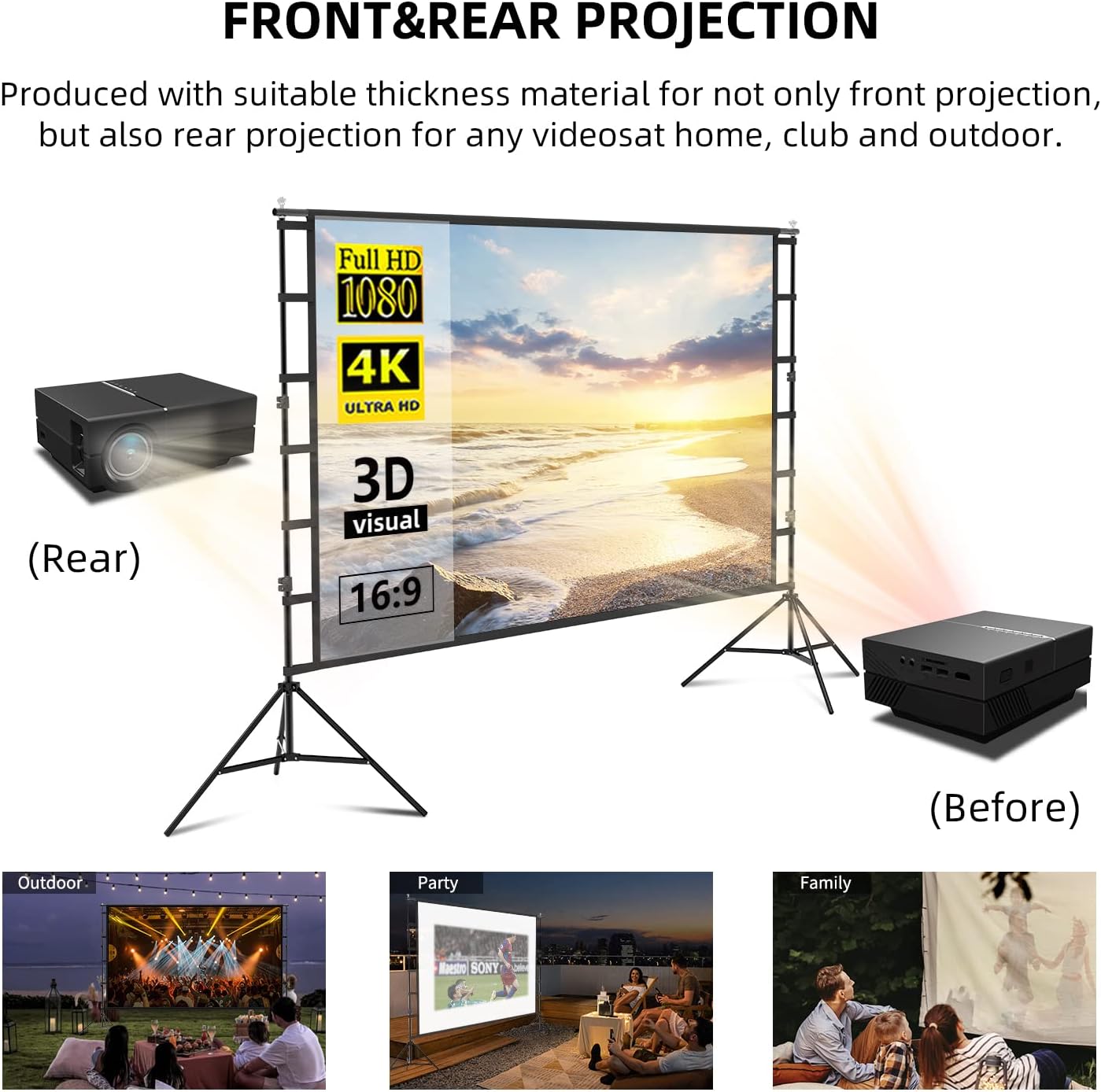 150'' Portable Projector Screen with Stand, 4K HD Outdoor Movie Screen, 10-Year Exchange