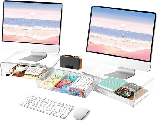 Clear Acrylic Desk Organizers and Accessories, Dual Computer Monitor Stand Riser with Drawer, Desk Shelf for Monitor, Workspace Desktop Organization for Office Supplies