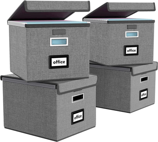 Huolewa File Organizer Box with Lid, Collapsible File Folder Organizer for Office Document Storage, Filing Box with Plastic Slide for Letter/Legal Size Hanging Files, Dark Grey