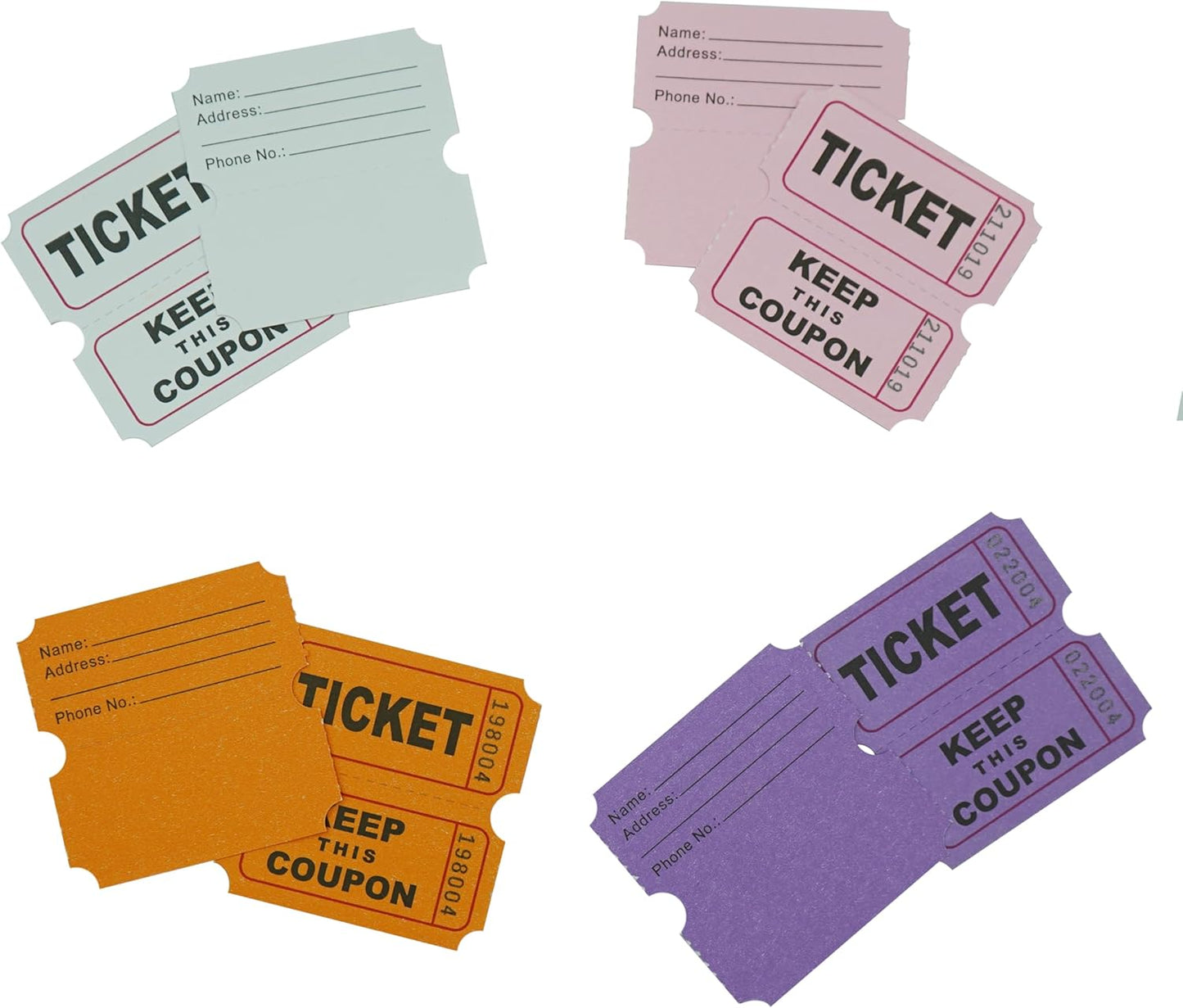 DNB 4000 Pairs Raffle Tickets - 4 Color Set of 1000 2 x 2 Inch 50/50 Double Roll Raffle Tickets - Purple/Pink/White/Orange
