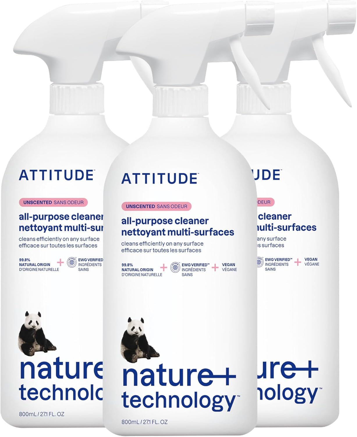 ATTITUDE All Purpose Cleaner Spray, EWG Verified, Vegan, Made with 94% Plant-Based Ingredients, Streak-Free for Kitchen, Bathroom, Glass & More, Unscented, 27.1 Fl Oz (Pack of 3)