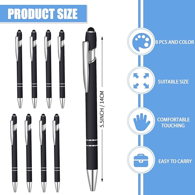 8 Pcs Blue Ink Ballpoint Pen with Stylus Tip 2 in 1 Stylus Ballpoint Pen Metal Pens Stylus Pen for Touch Screens School Office Coworkers (Black)