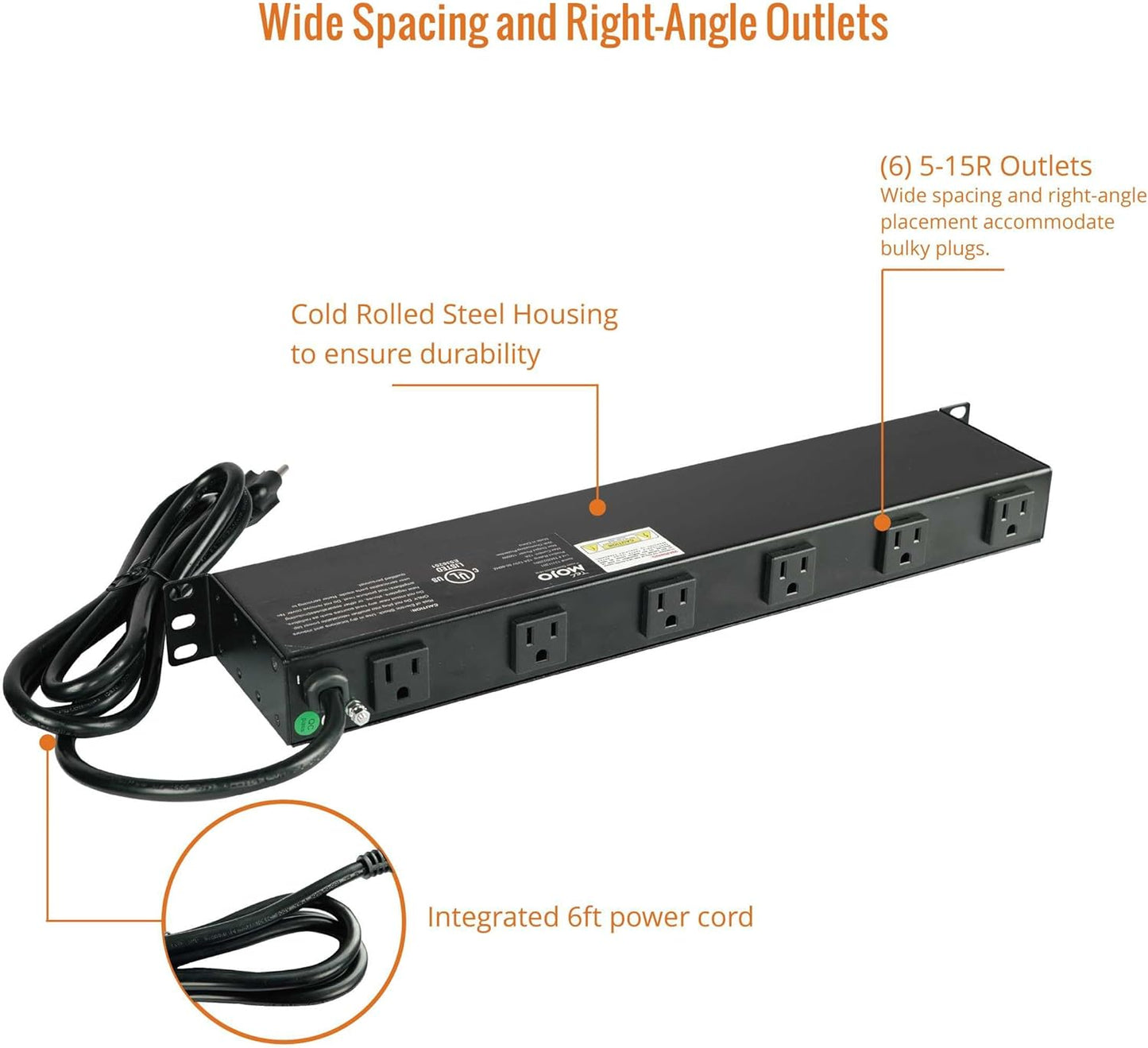 Tecmojo 1U Rackmount Network-Grade PDU Power Strip, 12 Wide-Spaced Right Angle Outlets, Circuit Breaker 12A (UL Certified 12A) 6ft Cord w/ 5-15P Plug, Black