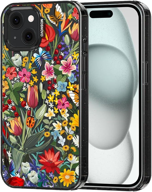 MOSNOVO Case for iPhone 15 Plus, [10ft 4X Military-Grade Drop Protection] Durable & Shockproof Phone Case Cover Design for iPhone 15 Plus / 14 Plus - in The Garden - Clear Black