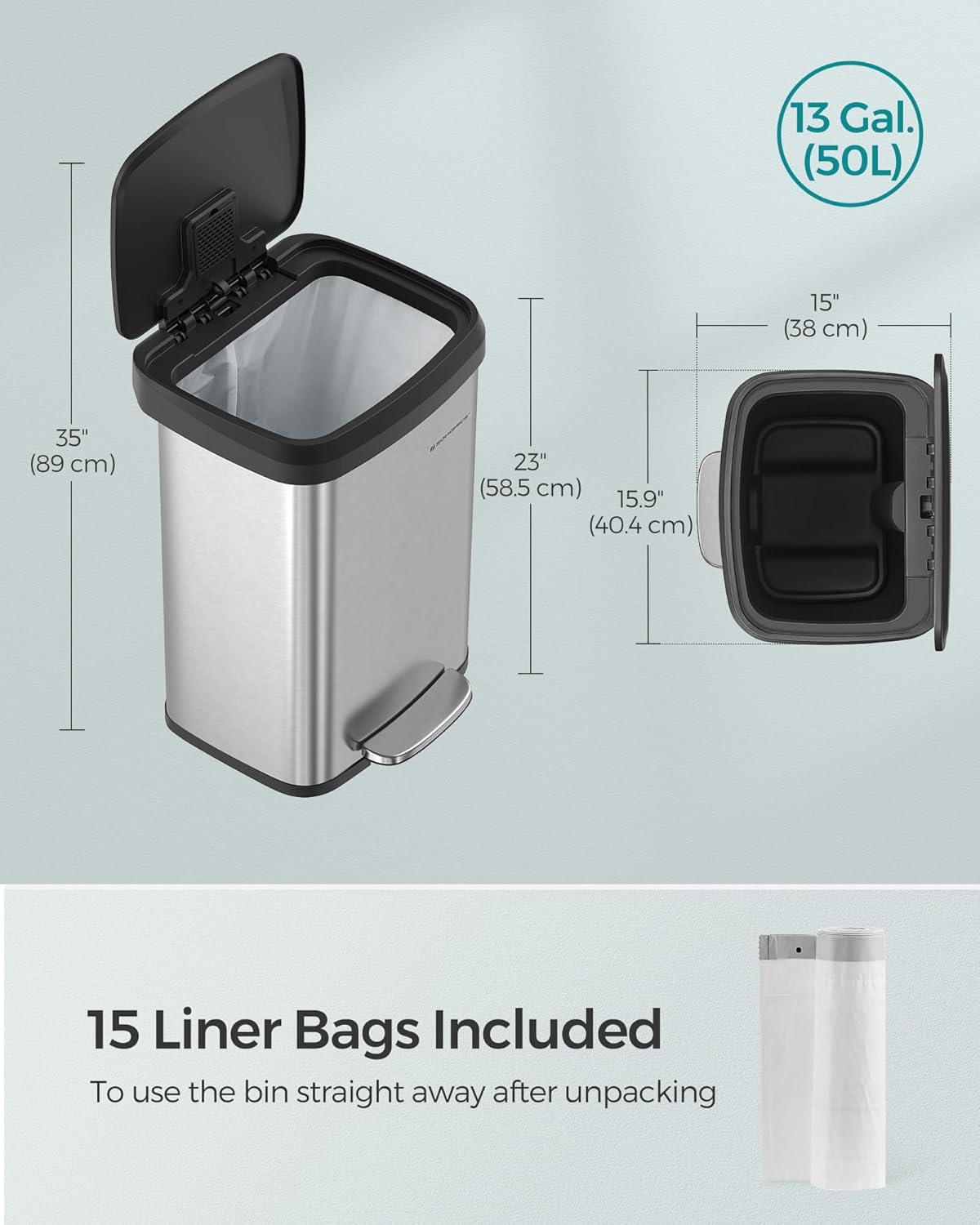 SONGMICS Kitchen Trash Can, 13 Gallon (50 L) Stainless Steel Garbage Can, with Stay-Open Lid and Step-on Pedal, Soft Closure, Tall, Large and Space-Saving, Silver and Black ULTB530E50