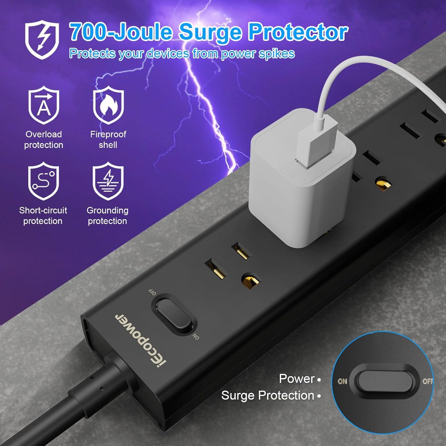 Surge Protector Power Strip 15 ft Cord-5 Widely Spaced Outlets 3 USB Ports(1 USB C Port),Power Strip Long Cord(1250W/10A),Power Strips with Surge Protection, Wall Mount for Home Office,Black(2 Pack)