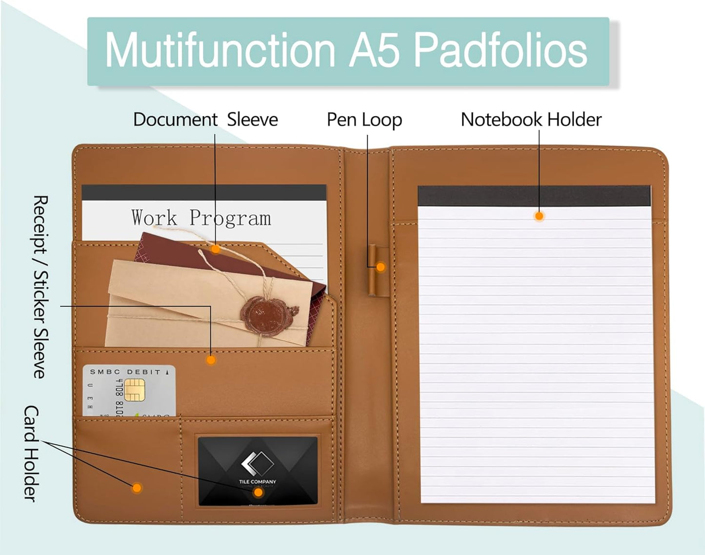 Leather Portfolio Binder 5 x 8, Mini Soft Leather Padfolio A5 Business Binder Legal Writing Pad Junior Size Document Organizer for Present Gift Kid Men Women Brown