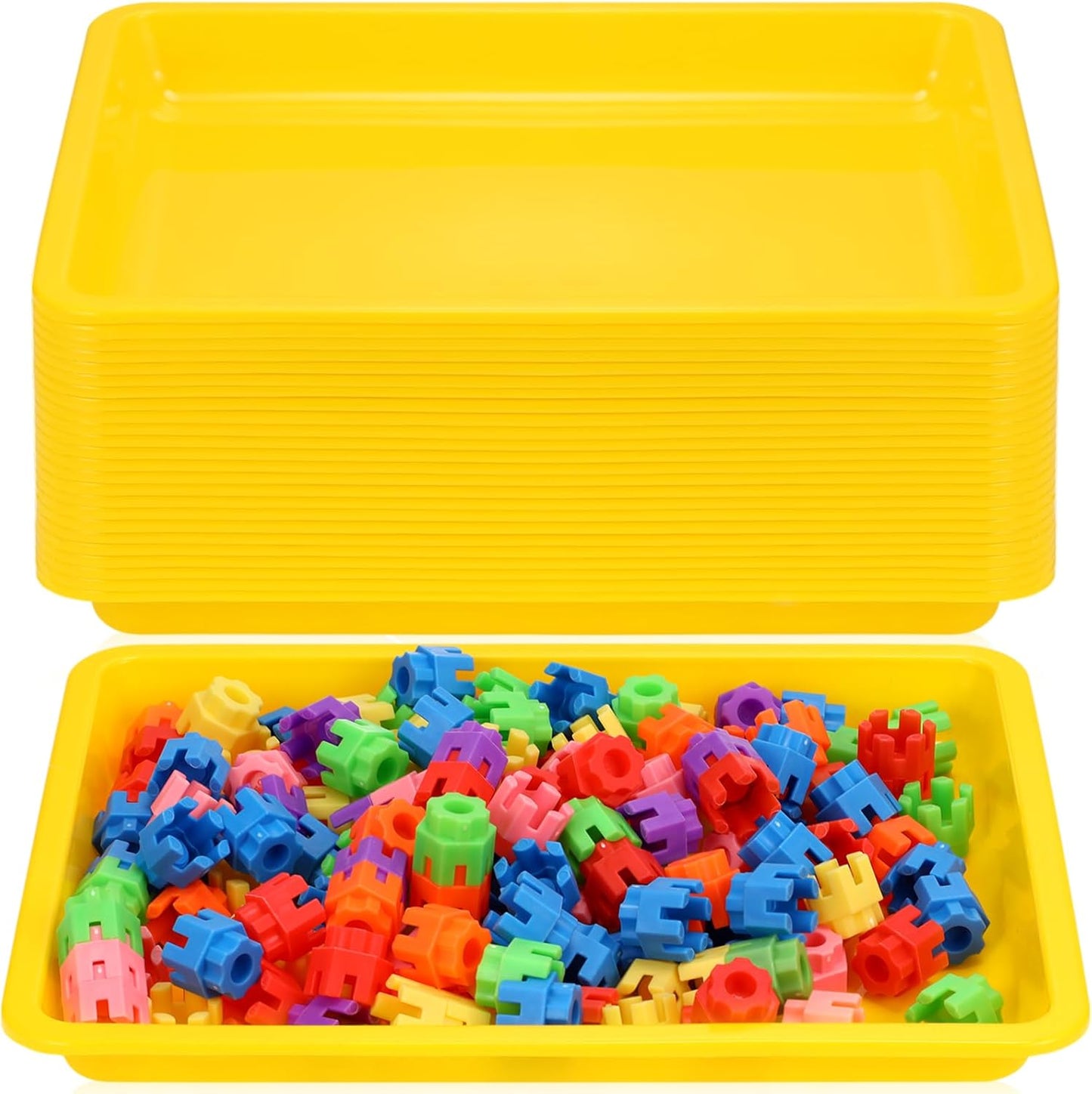 Maitys 24 Pcs Plastic Art Trays 11 x 8.7 x 1 Inch Activity Craft Tray Organizer Serving Tray Stackable Storage Sand Trays for School Painting Beads Crafts DIY Projects(Yellow)