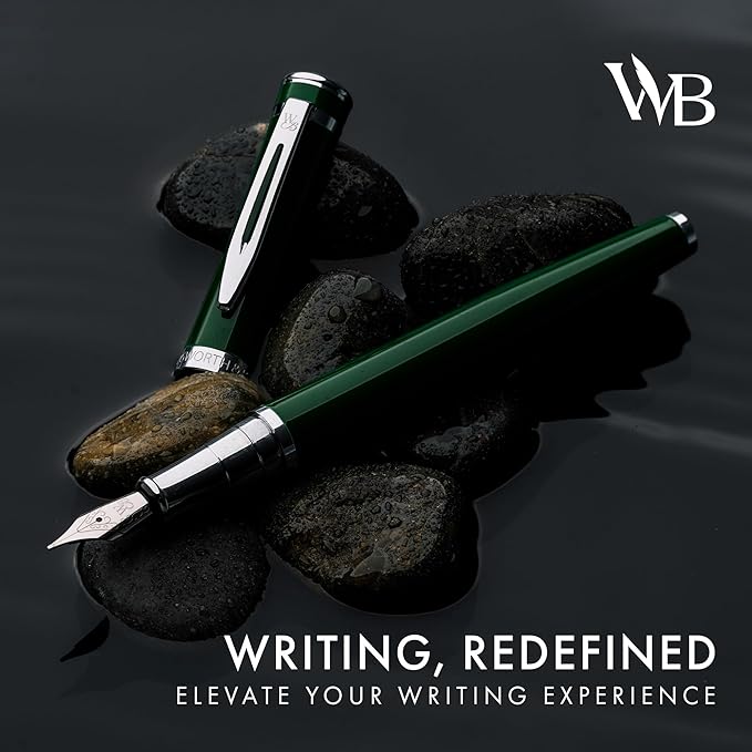 Wordsworth & Black Fountain Pen Set, Medium Nib, Includes 24 Pack Ink Cartridges, Ink Refill Converter & Gift Pouch, Chrome Finish, Calligraphy, [Racing Green], Perfect for Men & Women