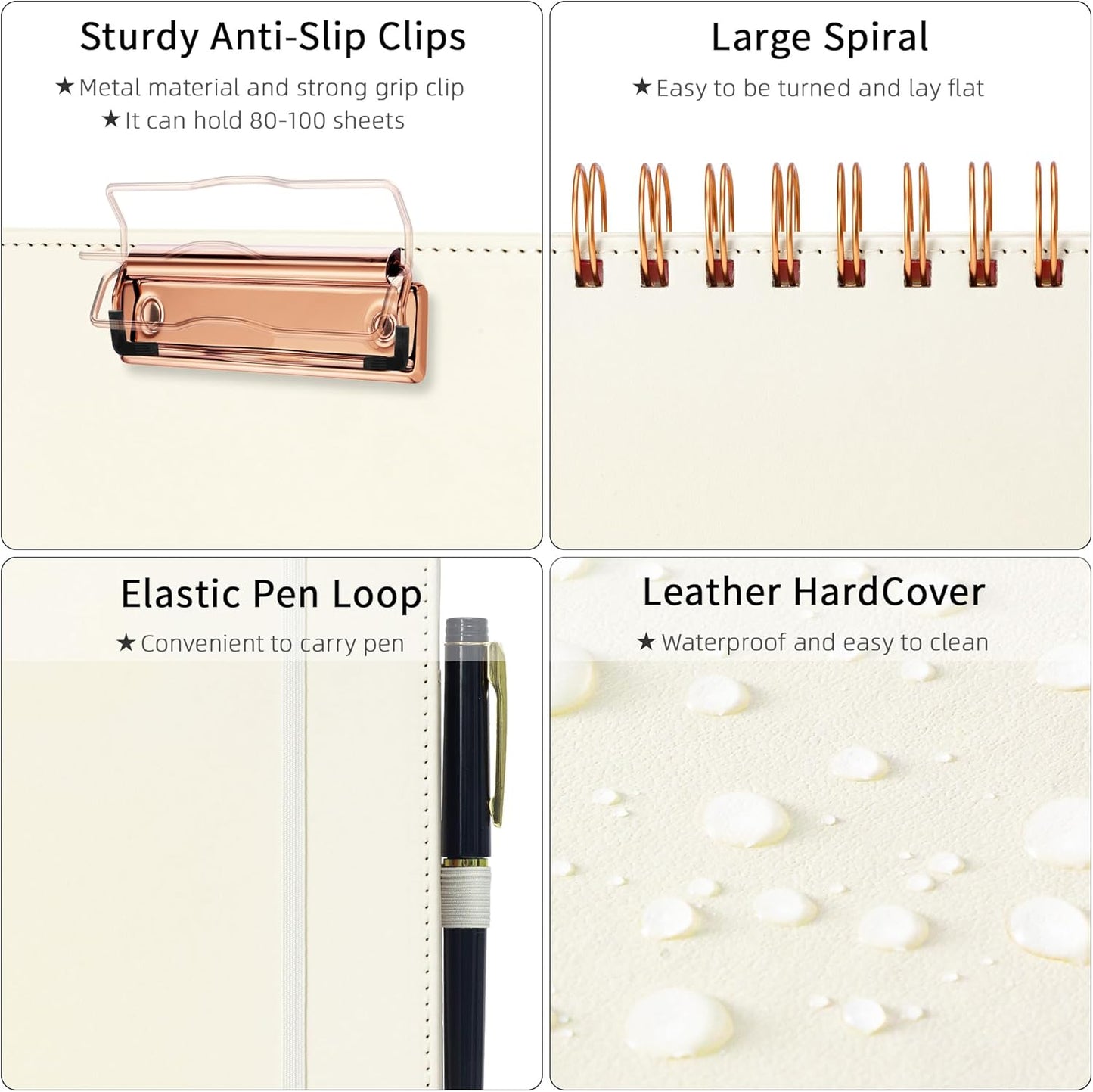 Ospelelf Leather Clipboard Folio with with Storage Zipper Pouch, Spiral Clipboard Folder with Notepad for Letter Size, 5 Folders with 10 Pockets, 39 Divider Label Stickers (Beige)