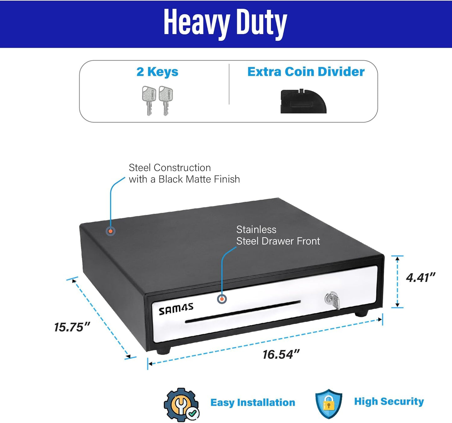 SAM4s 16" Heavy Duty Black Manual Push Open Cash Drawer with 5Bill/5Coin Stainless Steel