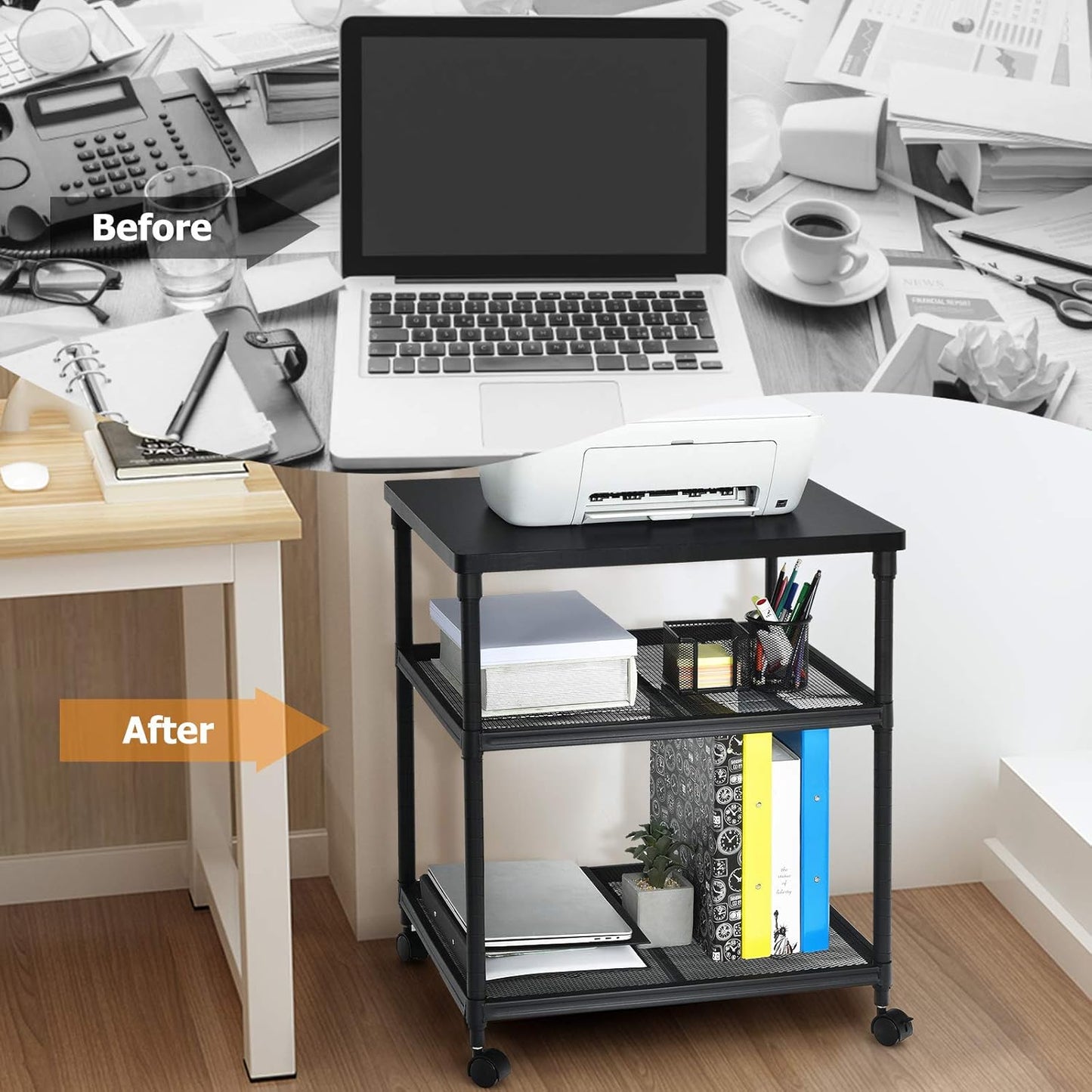 Tangkula 3-Tier Printer Stand Printer Cart, Multifunctional Utility Cart w/Ample Storage Space, 360° Swivel Rolling & Lockable Wheels, Sturdy Iron Frame, Adjustable Heights, Organizer for Office