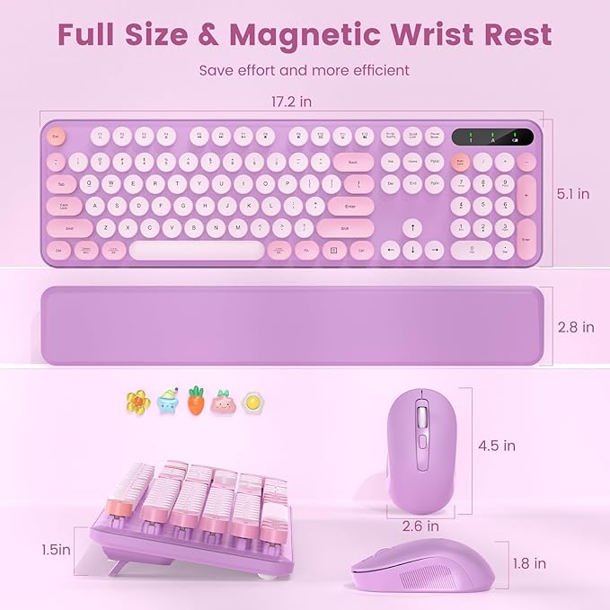 Wireless Keyboard and Mouse Combo-Round Keycaps, Full-Size Retro Typewriter Keyboard with Detachable Wrist Rest, Sleep Mode & Tilt Legs, 2.4GHz Cordless Connection for Mac/Windows/PC (Lavender Purple)