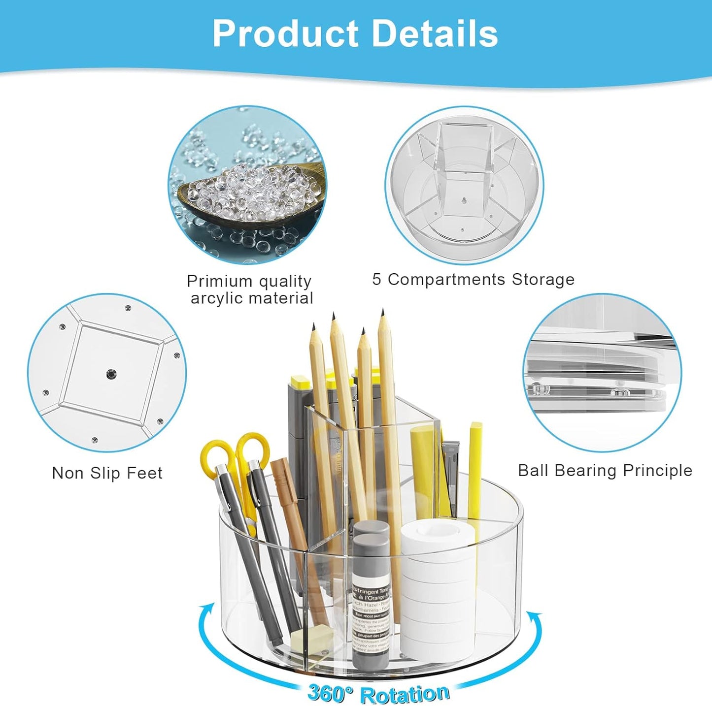 Marbrasse Acrylic Pen Holder, 360-degree Rotating Clear Pen Organizer for Desk, Desktop Stationery Organizer Caddy for Office School Home & Art Supplies (Acrylic Circle)