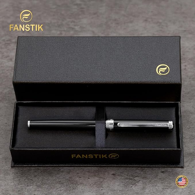 Customized Black & Silver Luxury fountain pen (Made In USA) fancy gift set for women, Real 24K Gold Plating, Professional executive pen gift set for men (Lux Custom-fountain Black-Silver)
