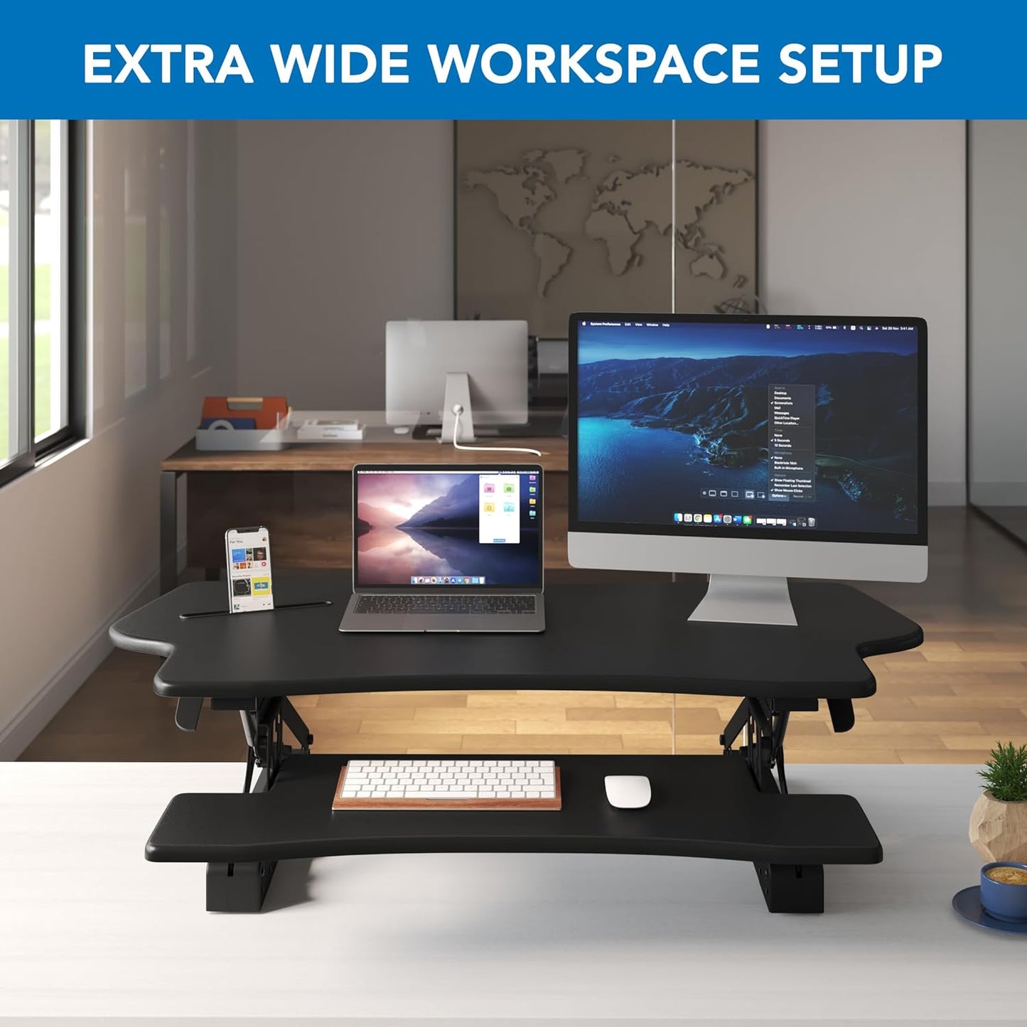 Mount-It! Height Adjustable Standing Desk Converter, Extra Large 48” Wide Tabletop for Dual Monitors, Stand Up Desk Riser to 19.5" Tall, Gas Spring Raising Desk Computer Workstation Convertor in Black