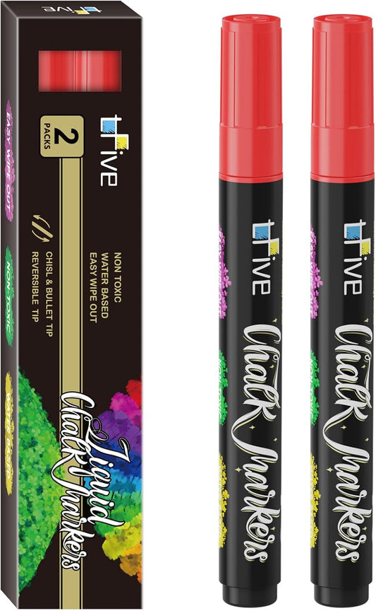 TFIVE Red Liquid Chalk Markers - 2 Pack Bright Colors Erasable Chalk Marker Pens, Reversible Tip, Non-Toxic, for Chalkboards, Signs, Glass, Easy to use Chalk markers TF800