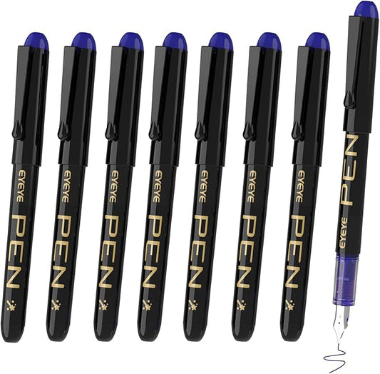 EYEYE Fountain Pens for Writing, 8 Pack Blue Fine Point Pens Disposable Fountain Pens Stainless Steel Nib, Smooth Writing for Calligraphy, Journaling, Drafting, Sketching, Doodling & Office Supplies