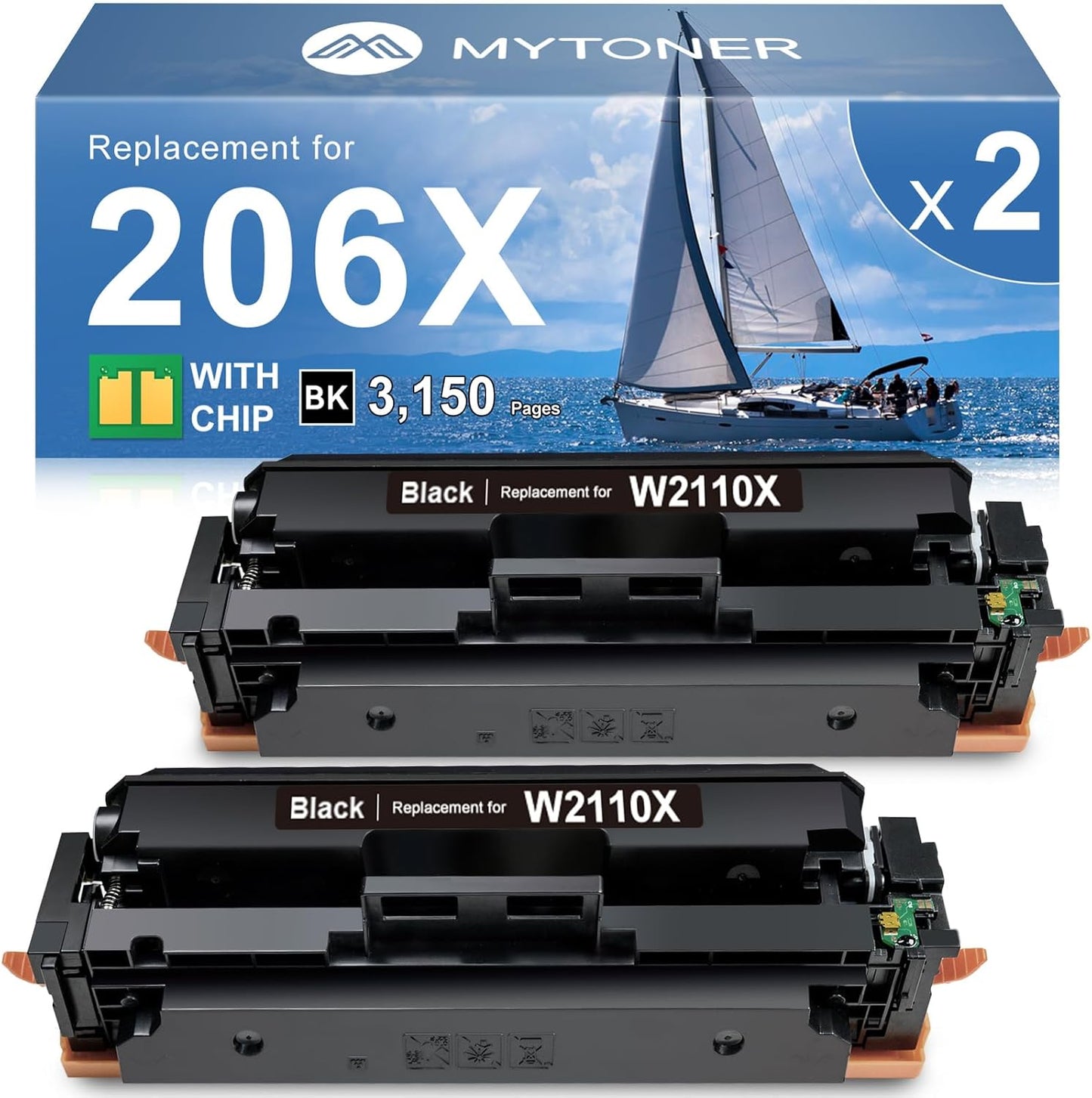 MYTONER 206X Black High Yield Toner Cartridge (with Chip) Compatible Replacement for HP 206X 206A W2110X W2110A for Color Pro MFP M283fdw M283cdw Pro M255dw M255nw M283 M255 M282 Printer (2 Pack)