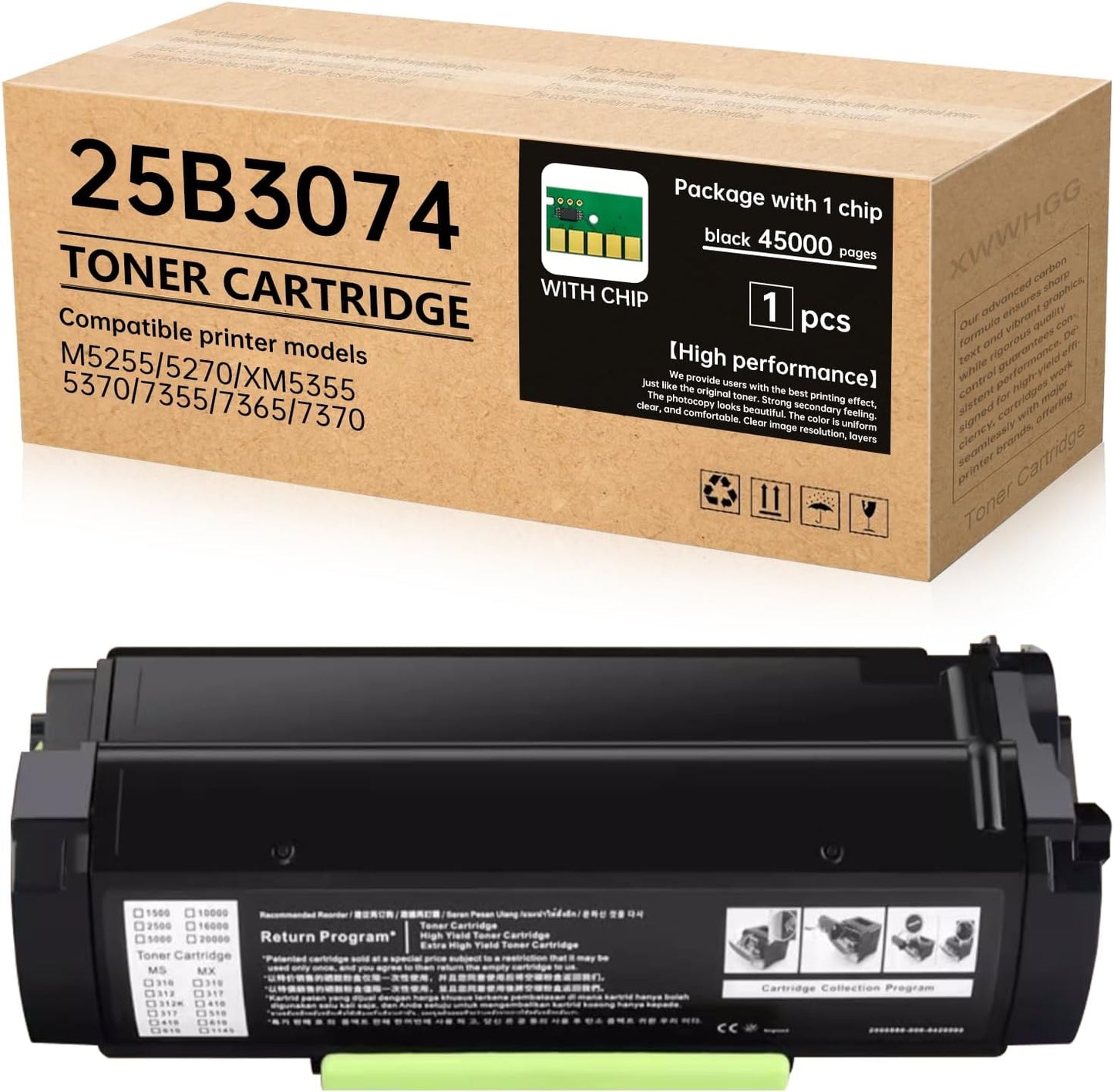 25B3074 High Yield Black Toner Cartridge (45,000 Pages) - Compatible with Lexmark M5255 M5270 XM5355 XM5370 XM7355 XM7365 XM7370 Printers(with Chip)