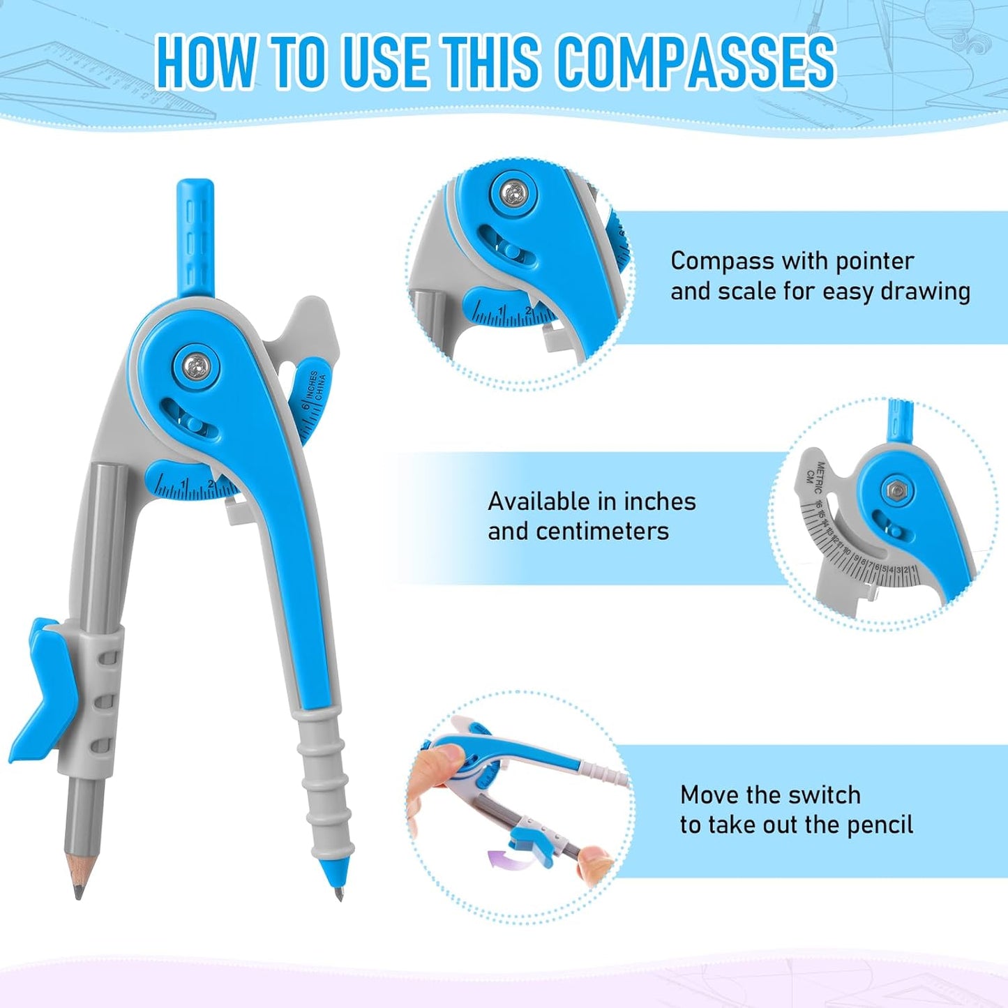 EBOOT Student Geometry Math Set, Drawing Compass and 6 Inch Clear Swing Arm Protractors 180 Degree Math Protractor(Blue)