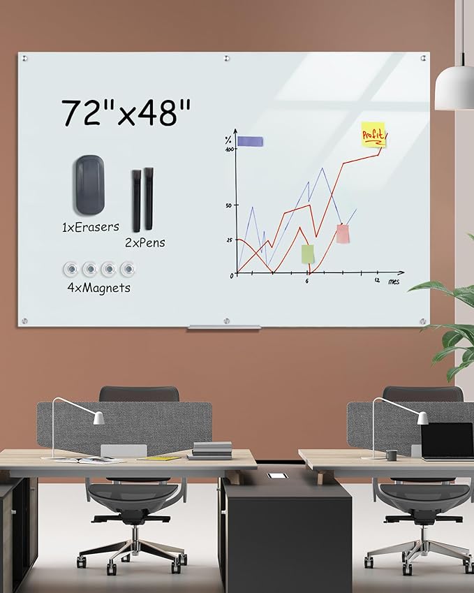 Magnetic Glass Whiteboard，72"x48" Wall Mounted Frameless Dry Erase Board for Office, Home & School White