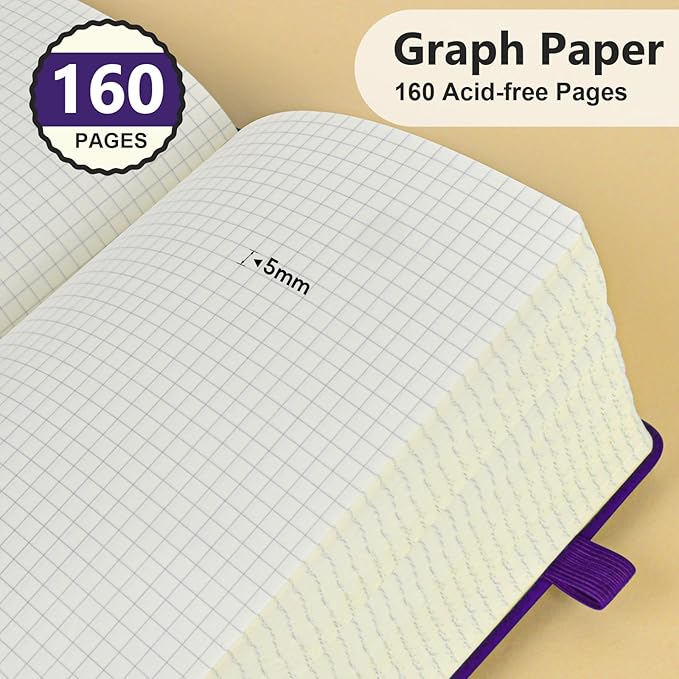 PERCUN Graph Paper Notebook, 160 Pages Grid Journal for women & men, A5 Hardcover Leather Graphing Notebook for School, Work, Travel, Note Taking 5.9”x8.5” (Purple)