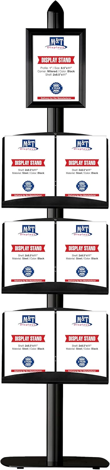 M&T Displays Free Standing Magazine Brochure Document Sign Holder Literature Racks Stand Aluminum Body Black 8.5x11 Inch Snap Poster Frames and 3 Pcs Steel Shelves with 6x(8.5x11) Display Capacity