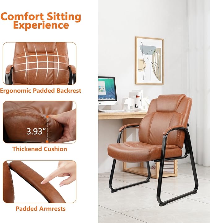 CLATINA Big & Tall 500 lb. Guest Chair, PU Leather Office Reception Chairs with Sled Base, Desk Chair No Wheels for Waiting Room Conference Lobby Computer Living Room, Brown, 2 Pack