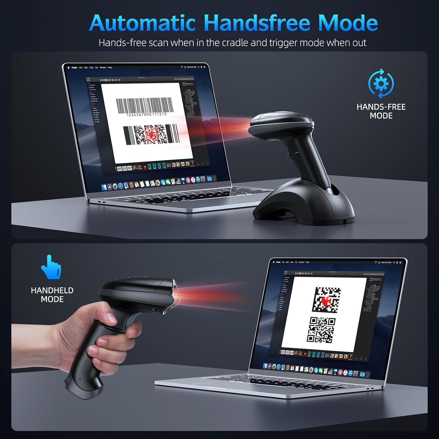 TEEMI Bluetooth Barcode Scanner with USB Charging Cradle Data Receiver, 1D 2D QR Wireless Bar Code Reader for iOS Android Windows Mac OS, BT 5.0 Longer Range, Automatic Handsfree Screen Scanning