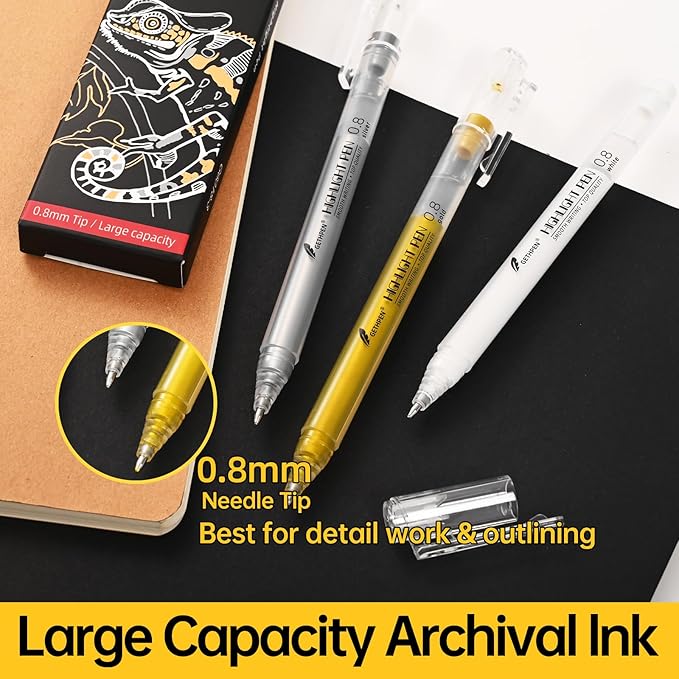 0.8mm Gold Gel Pens 3-Pack – Extra Fine Point Opaque Ink for Black Paper Drawing, Sketching, Bullet Journaling & Holiday Card Design