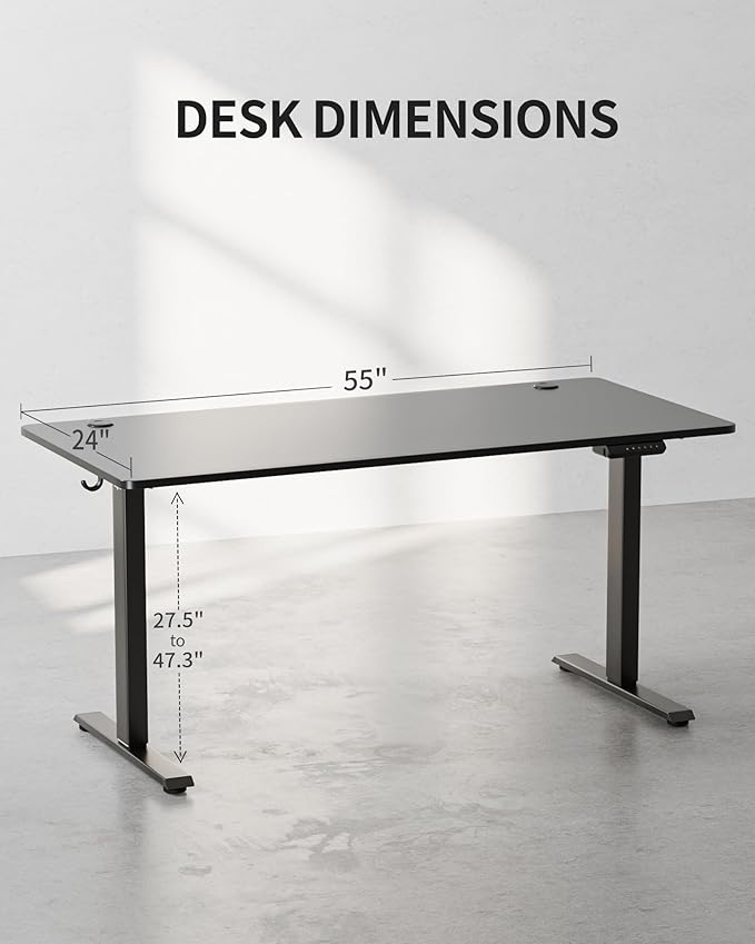 FEZIBO One-Piece Standing Desk Adjustable Height Stand up Home Office Desk, 55x24 Inch Electric Standing Computer Desk, with 4 Memory Presets, Fixable casters, Black