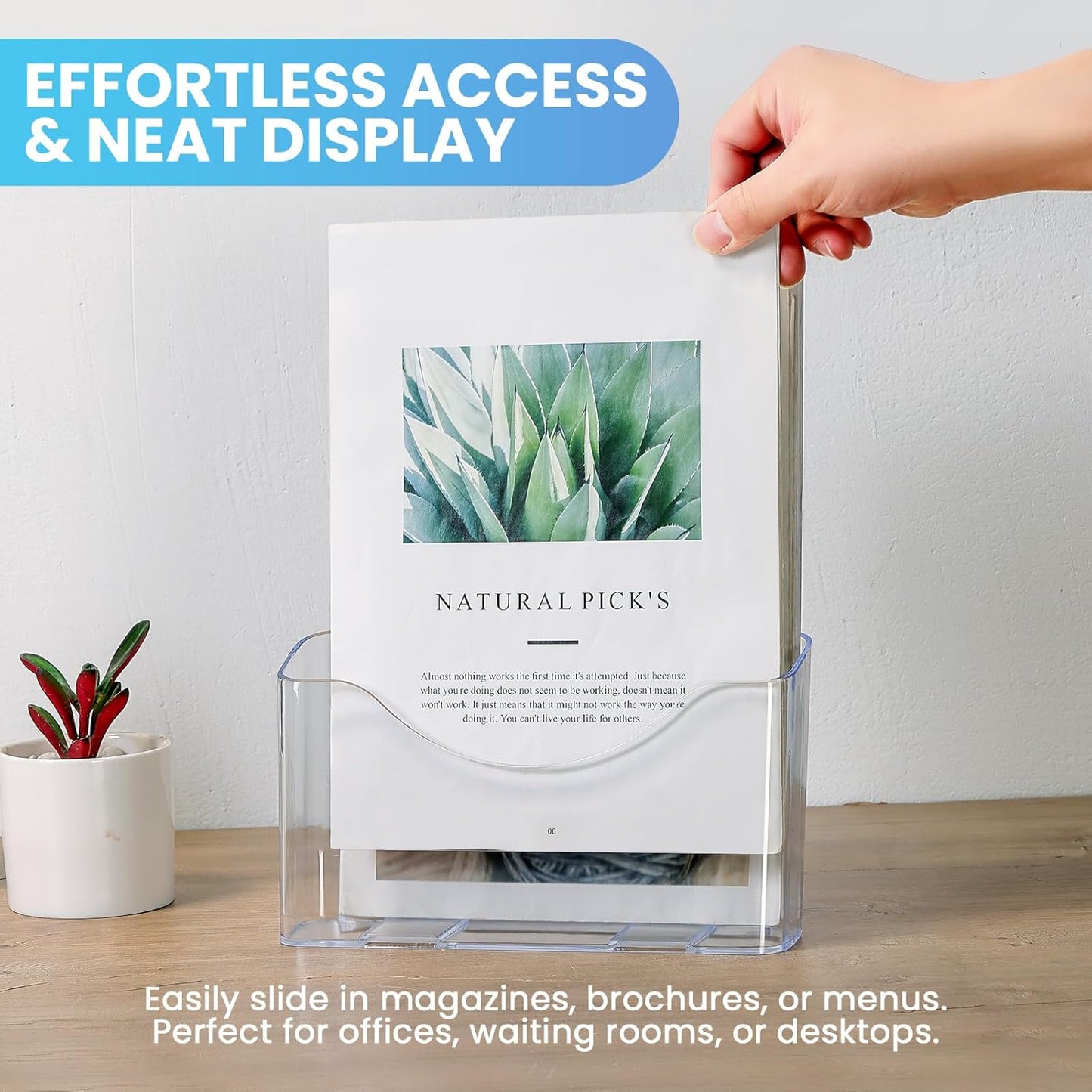 4 Pack Brochure Holder 8.5” x 11”, Acrylic Literature Holder, Plastic Clear Rack Card Display Trifold Brochures Stand Flyer Holder Pamphlet Display Stand, Wall Mount/Countertop