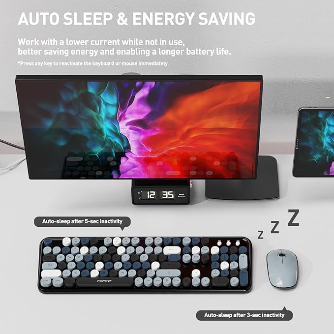 FOPETT 2.4GHz Wireless Keyboard and Mouse Set with Switch Button - Full-Size Keyboard - Compatible for Windows/Laptop/PC/Notebook/Smart TV and More - Grey Colorful