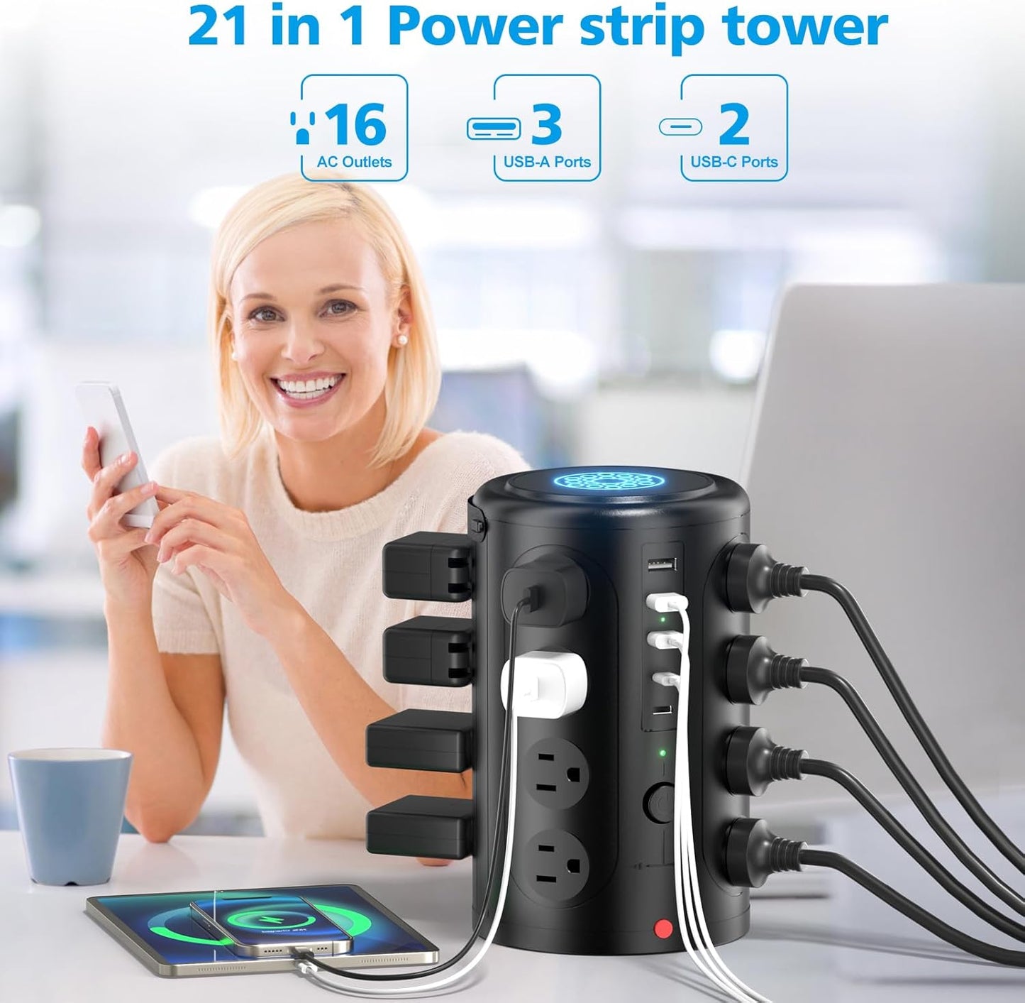 Power Strip Surge Protector Tower with 16 Outlets and 5 USB Ports (2 USB-C), 10ft Extension Cord, 45° Flat Plug, Charging Station for Home, Office, Dorm Room Essentials (Black)