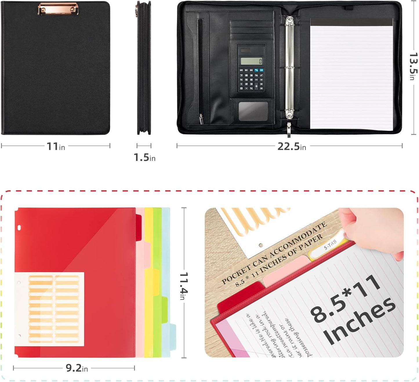 Ospelelf Zippered Padfolio Portfolio Folder, Leather Clipboard with Storage, 3 Ring Binder 1 Inch,12.1” Tablet Sleeve, 5 Dividers with Pocket, Refillable Notepad, Card Slot (Classic Black)