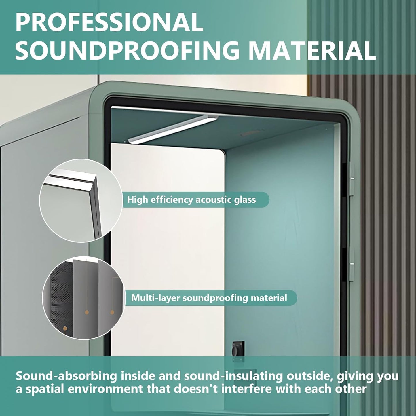 Office Sound Booth with Audio Privacy - Soundproof Recording Booth Includes Green Frame with Curved Corners,Soundproof Room with Light,Steel Plate Structure for Study (42.52IN)