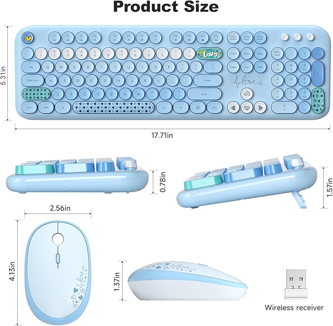 Wireless Keyboard and Mouse Combo, MOWUX Full Size Typewriter Retro Round Computer Keyboard, Cute Optical Mouse Wireless, Plug and Play, for Laptop, PC, Computer - Blue Heart