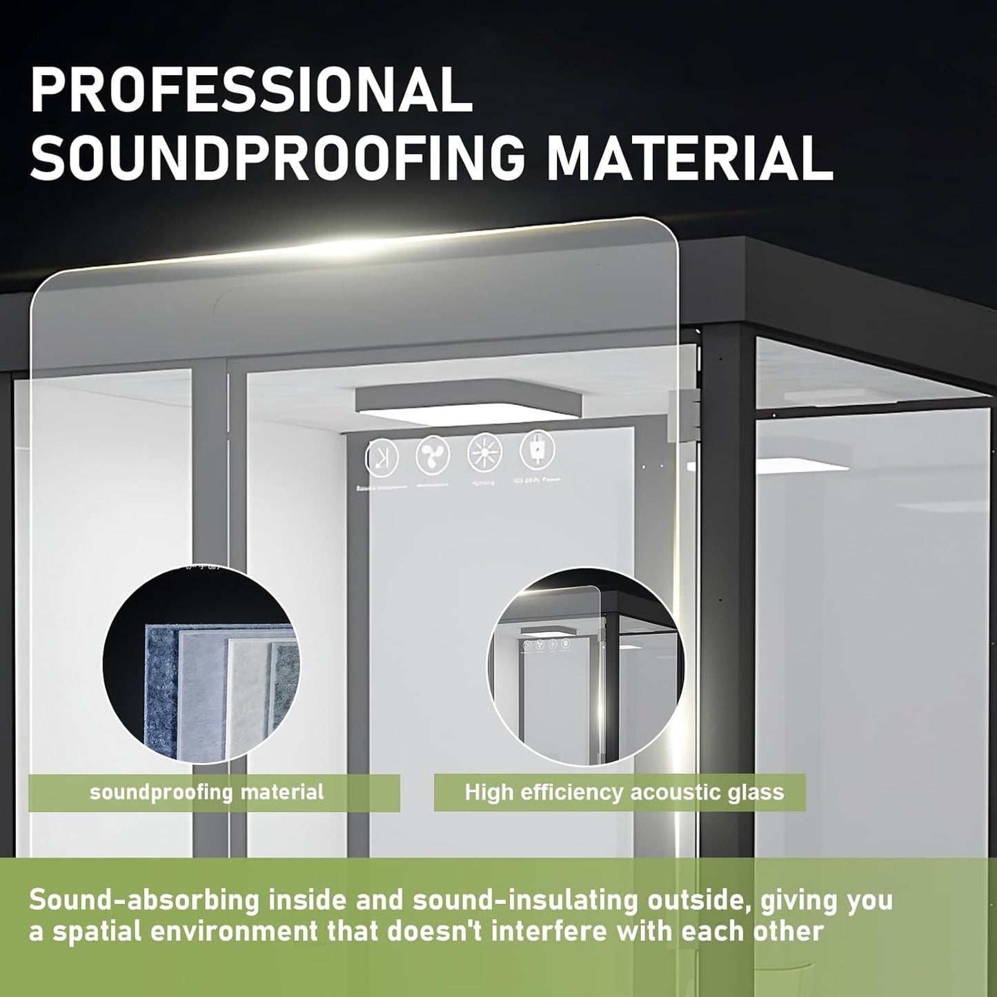Office Sound Booth with Audio Privacy - Modern Soundproof Booth Includes Black Transparent Glass Design,Freestanding Office Room with Light, Fans,Casters for Study,Game (52.36IN)