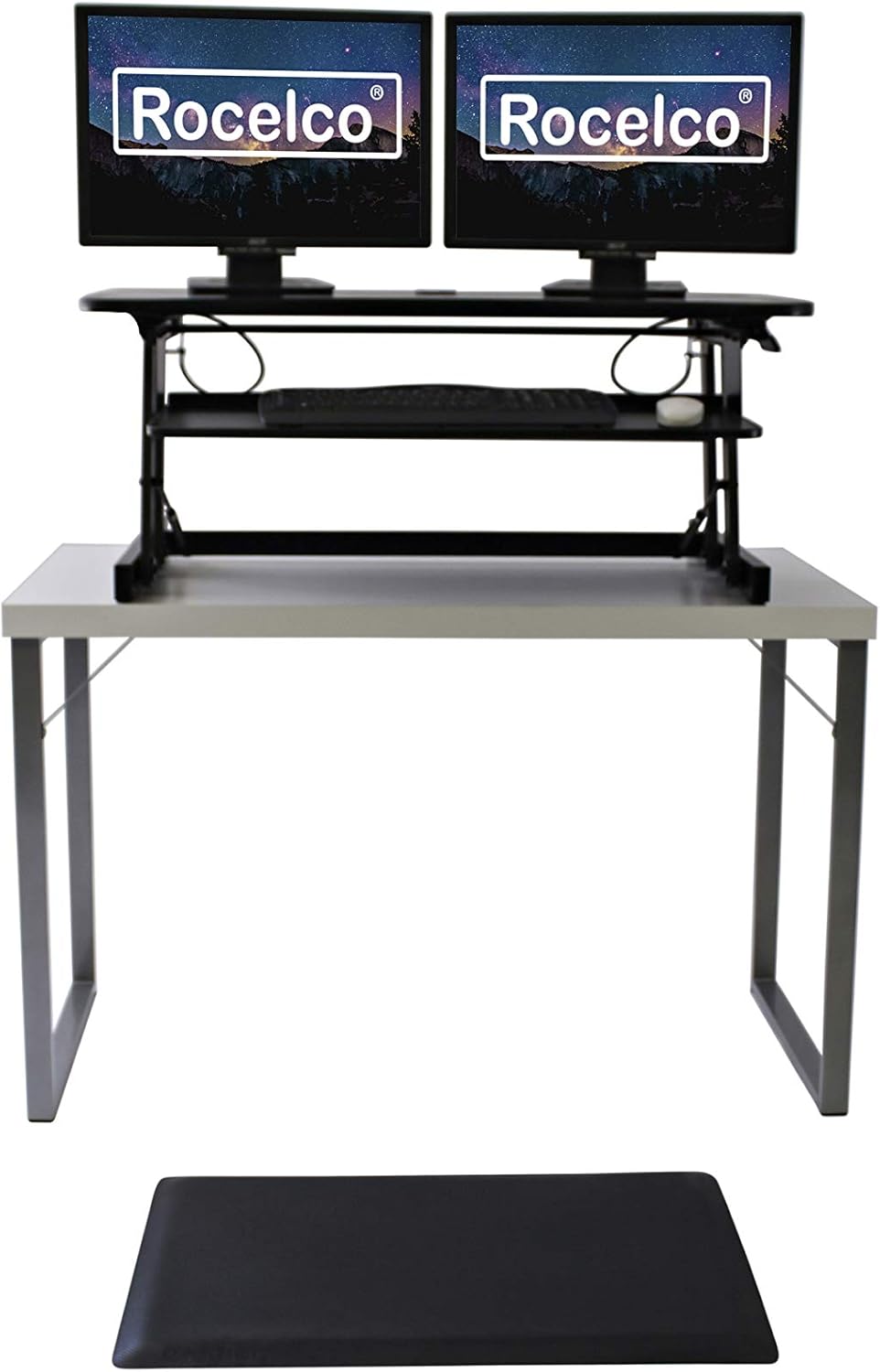 Rocelco 37.5" Deluxe Height Adjustable Standing Desk Converter with Anti Fatigue Mat BUNDLE - Quick Sit Stand Up Computer Workstation Riser - Large Retractable Keyboard Tray - Black (R DADRB-MAFM)