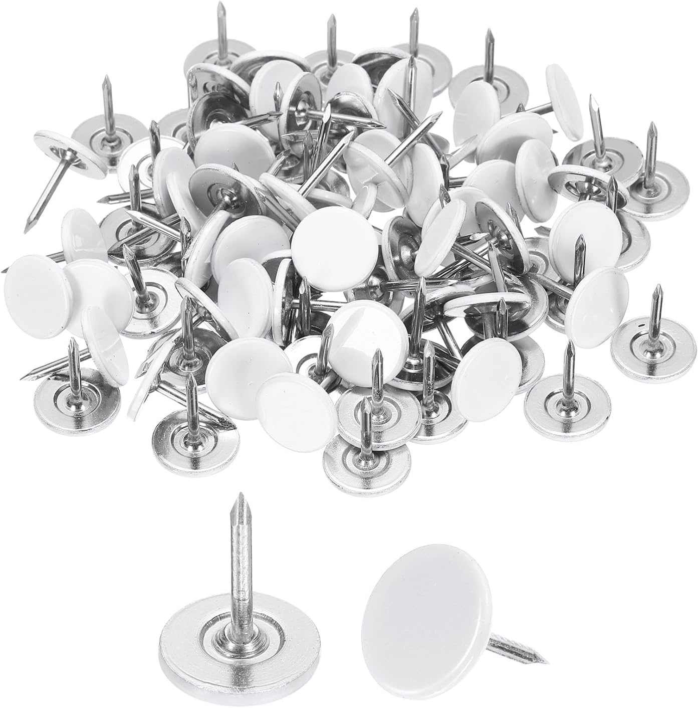 uxcell 120Pcs Push Pins, 11mmx13mm Round Flat Head Decorative Thumb Tacks Upholstery Tacks for Cork Board Office Wall Hangings, White