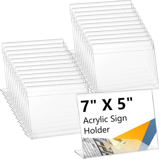 Vicenpal 100 Pcs 7x5 Inch Clear Acrylic Sign Holder Plastic L-shape Vertical Menu Stand, Picture Photo Frames, Table Paper Holder, Flyer Sign Display Stand for Restaurants, Store, Office, Wedding