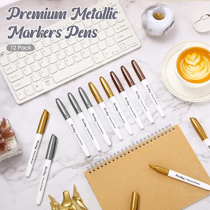 12 Pcs Metallic Permanent Markers Bulk Gold Silver Metallic Pens Fine Point Paint Markers for DIY Crafts Gift Card Making Artist Illustration(Gold Silver Copper)