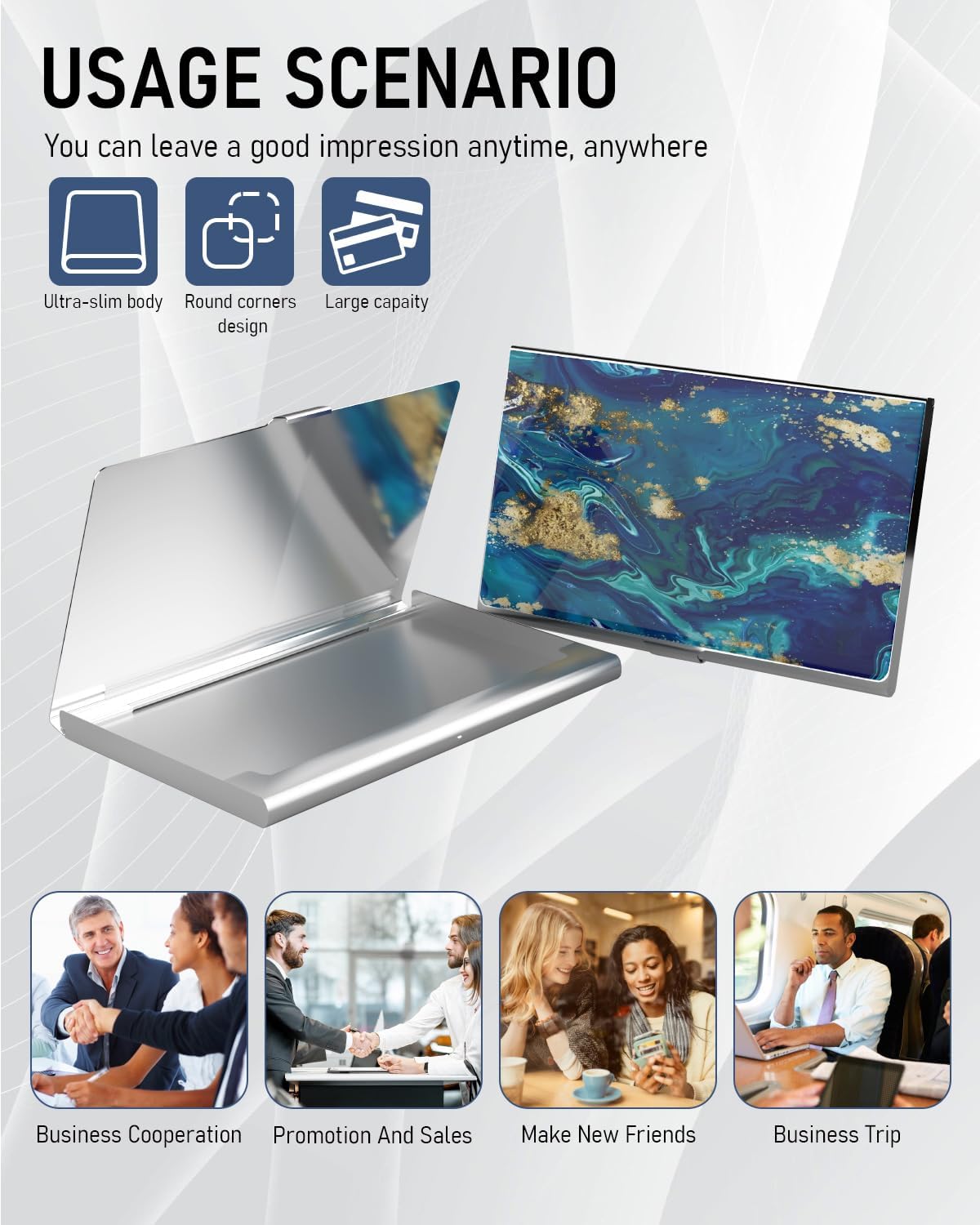 Business Card Metal Slim Organizer, Professional Stainless Steel Square Pocket Wallet for Office Workers, Compact and Portable for Pockets (Dark Blue Marble)